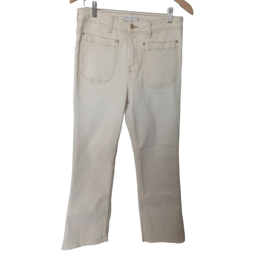 ZARA  Cropped Patch Pocket Jeans Ecru Womens 8